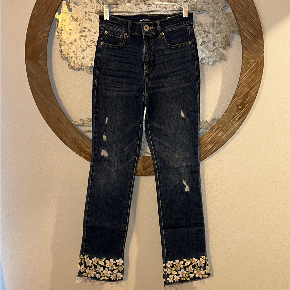 INC International Concepts Dark Blue Straight Leg Jeans with Floral Hem